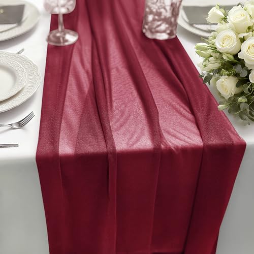 Burgundy Red Chiffon Table Runner 10ft x 28in Elegant Wedding Decor - 1Pcs