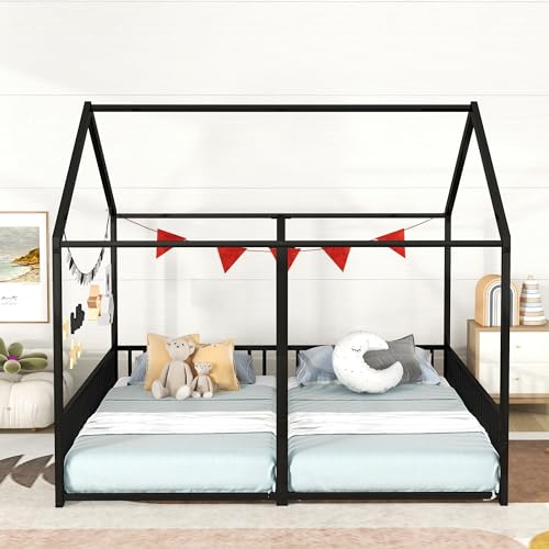 Double Twin House Platform Bed, Metal Floor Bed Frame with Safety Rails