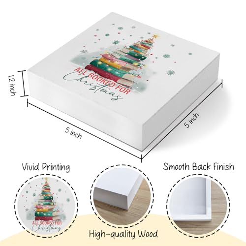 Christmas Tree Bookish Wooden Desk Sign - All Booked for Christmas Gift, 5x5 Inch