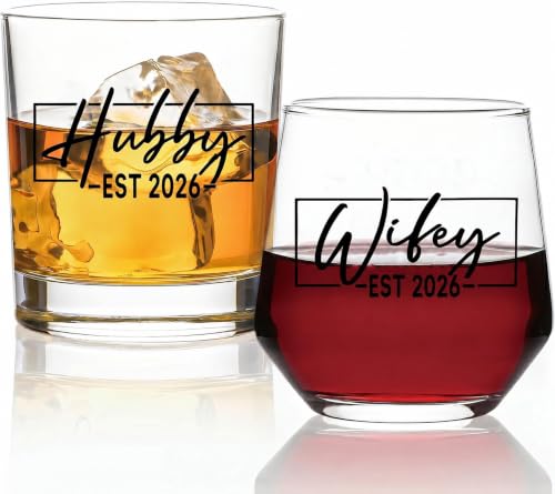 DeeCoo His & Hers Wine & Whiskey Glass Set - Wedding Gift for Couples, 2026 Newlyweds