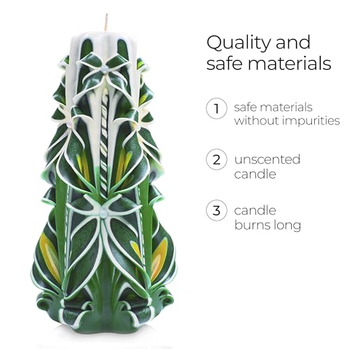 ART BLAZE Large 8.27in Green Carved Candle – Handmade Unscented Long-Burning Home Decor Gift