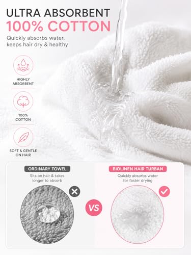 BIOLINEN White Cotton Hair Towel Wrap 3 Pack - 10x25 Inch Quick Dry Turbans