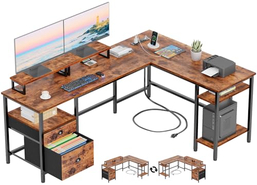 66-Inch L-Shaped Computer Desk with Power Outlet, File Drawer and Monitor Stands