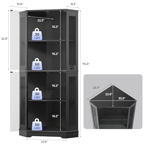 IRONCK 71-Inch Carbon Fiber Corner Glass Display Cabinet with Sensor Lighting, Black