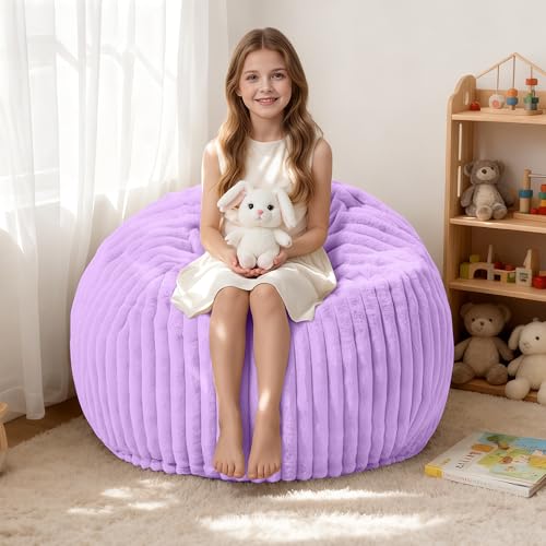 2ft Memory Foam Bean Bag Chair with Washable Stripe Plush Cover, Purple