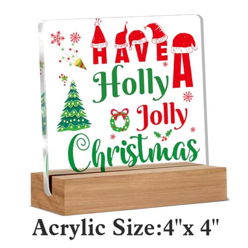 AKFVNSFK Holly Acrylic Desk Sign 4x4 in with Wooden Base – Red & Green Christmas Decor