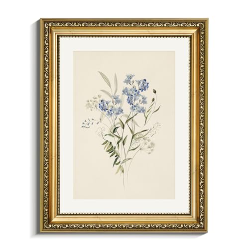 Vintage Blue Wildflower Botanical Wall Art, 11x14 Inch Gold Framed Canvas