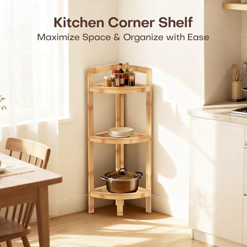 3-Tier Bamboo Corner Shelf, Free-Standing Triangular Storage Rack