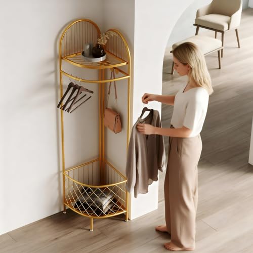 Gold Corner Coat Rack with Storage Basket and 6 Hooks for Entryway