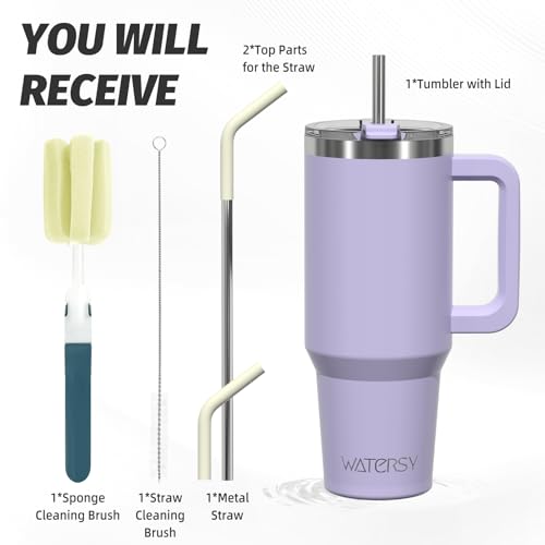 WATERSY 40 oz Purple Insulated Travel Tumbler with Handle, Lid & Straw