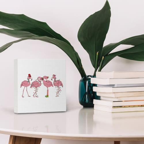 Nvotell Flamingos Funny Pink Santa Hat 5x5 Inch Wooden Box Sign — Christmas decor
