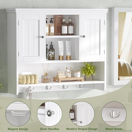 3-Tier Wall Mounted Bathroom Cabinet with Doors and Hooks, White Storage Shelf