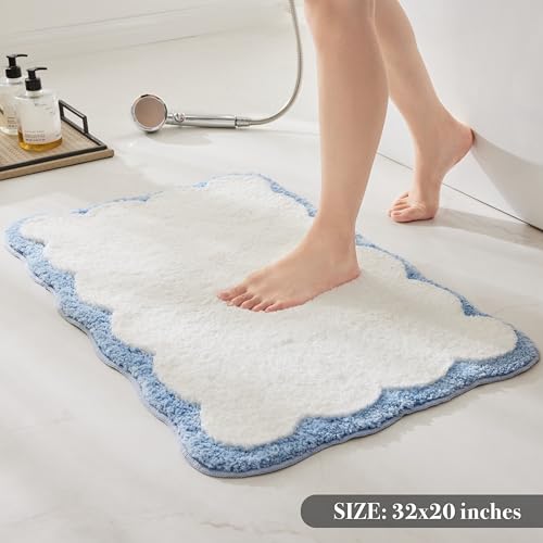 Ohocut Scalloped Bath Mat, Preppy White & Blue Microfiber Rug 32x20
