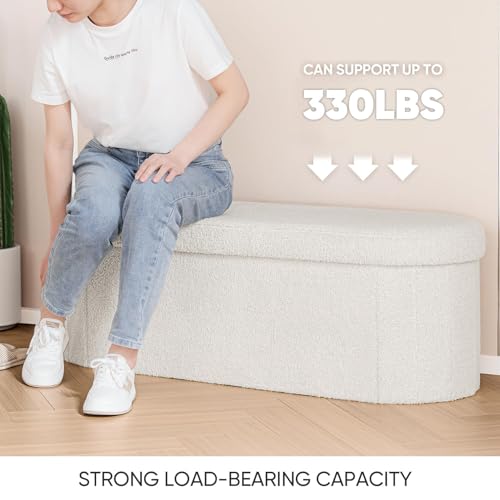 43.3-Inch Collapsible Sherpa Storage Ottoman Bench - Cream White
