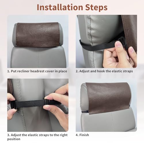 Recliner Headrest Protector - Faux Leather Cover with Elastic Straps, 17 x 27 in, Dark Brown