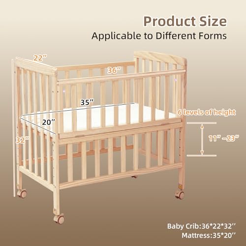 Portable Wooden Bedside Bassinet with Mattress, 6-Height Adjustable Mini Crib