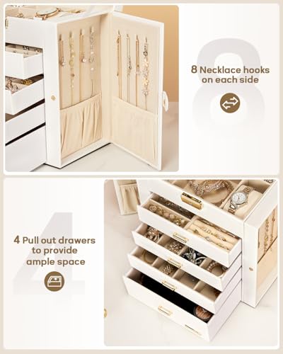 Large Jewelry Box Organizer with Lock - 5-Layer Storage for Necklaces, Earrings, Rings & Watches
