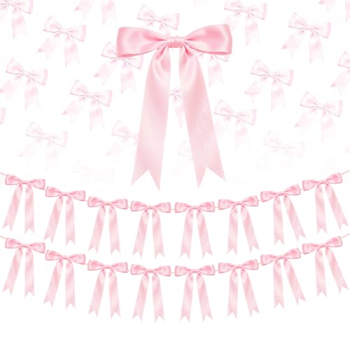 Pink Satin Bow Garland Banner (2 Pack) - Pre-Strung Coquette Room & Party Decor