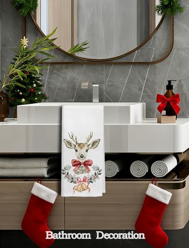 GDJIEGBC Christmas Deer Kitchen Towels Set - Red Bow & Reindeer Pattern, 16x24 Inch, Vari-03