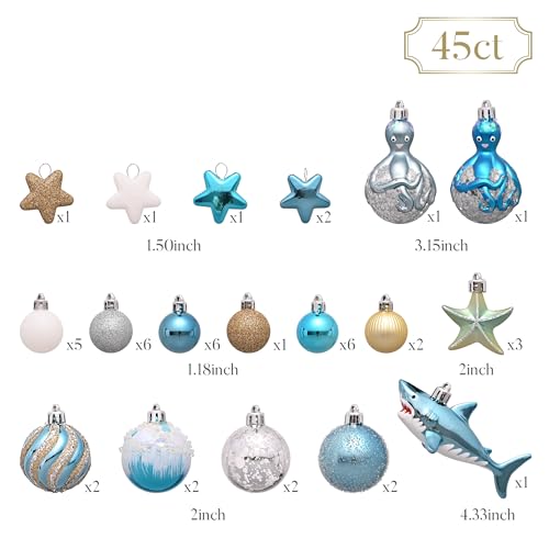 45ct Shatterproof Nautical Christmas Tree Ornaments - Ocean Coastal Beach Decor