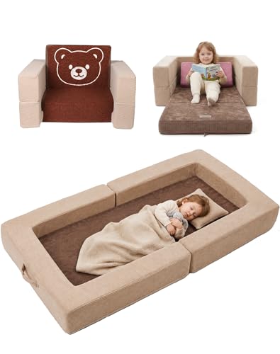 3-in-1 Convertible Toddler Sofa Bed with Bear Pattern - Portable Foam Couch