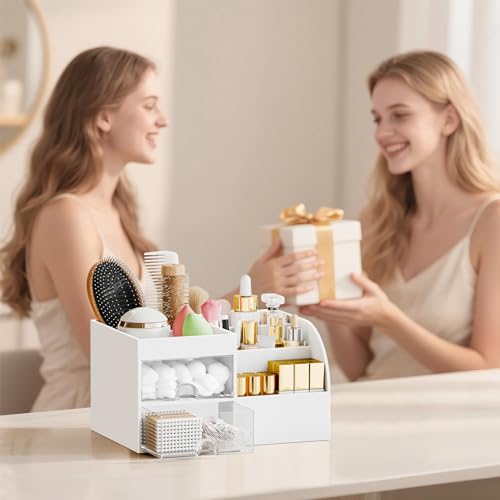 Fanado White Makeup Organizer with 2 Drawers and 5 Compartments – Vanity & Bathroom Storage