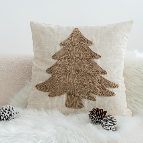 Rope Embroidered Christmas Tree Pillow Cover 18x18in Burlap Rustic Farmhouse Holiday Decor - Pack of 1