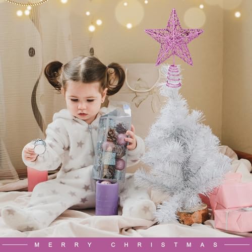 KEYIDO Mini Pink Christmas Tree Topper Star for Small 3-4 ft Trees, Glitter 6 Inch