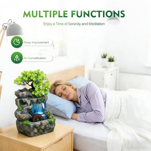 Indoor Tabletop Waterfall Fountain with LED Lights - Resin Desk Water Feature