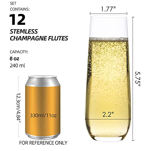 FAWLES Set of 12 Stemless Champagne Flutes 8 oz Crystal Glasses for Mimosas & Prosecco