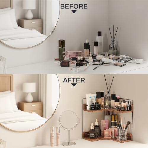 2-Tier Wooden Corner Shelf Organizer for Bathroom Vanity & Countertop