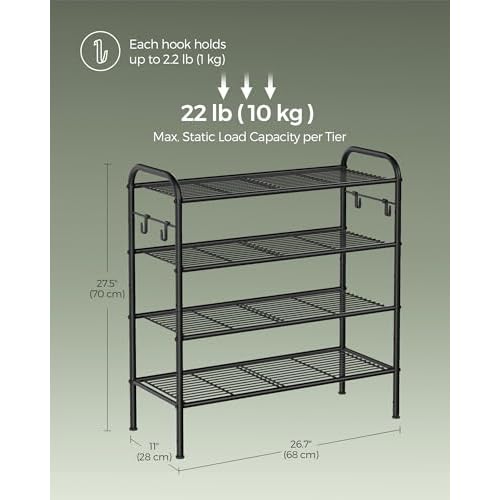SONGMICS Shoe Rack, 4-Tier Shoe Organizer, Metal Shoe Shelf Storage with 4 Side Hooks, Holds 16 Pairs of Shoes, Height-Adjustable Shoe Rack for Entryway, Hallway, Closet, Easy Assembly, Ink Black