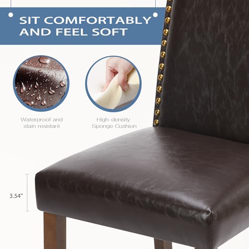 Modern PU Leather Dining Chairs - Set of 6, Brown Upholstered Kitchen Chairs