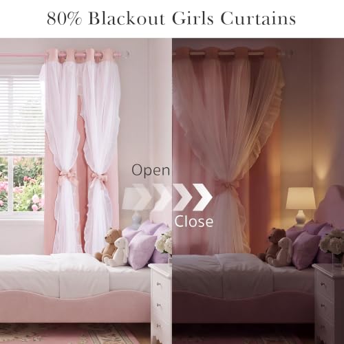 Pink Blackout Curtains with Ruffle Sheer Overlay, 52x84 Inch - 2 Panels