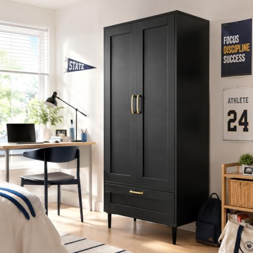 Modern 2-Door Bedroom Wardrobe with Hanging Rod and Drawer, 60-Inch Black