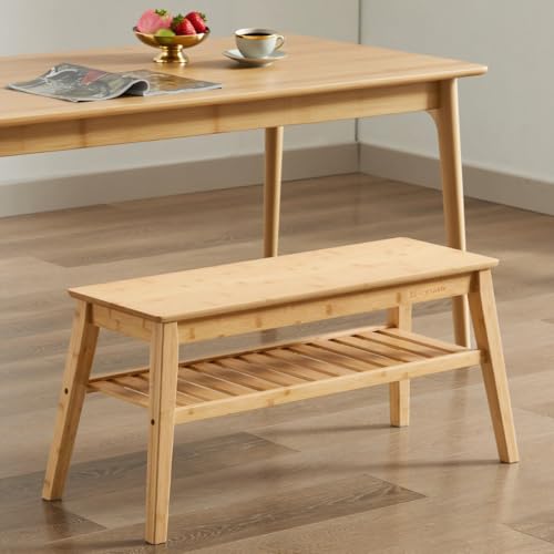 Bamboo Entryway Bench with 2-Tier Shoe Storage Shelf, 33-Inch Wood Bench