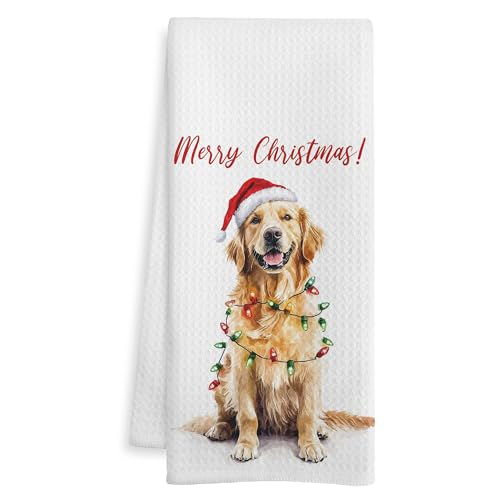 Golden Retriever Christmas Kitchen Towel - Dog Lover Holiday Hand Towel - Golden Retriever Gifts for Women & Men - 14 Inch Variation
