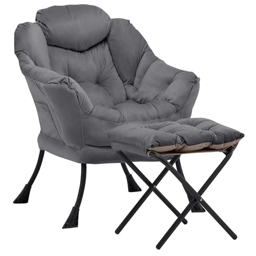 Lazy Reading Chair with Foldable Ottoman and Side Pocket, Dark Grey