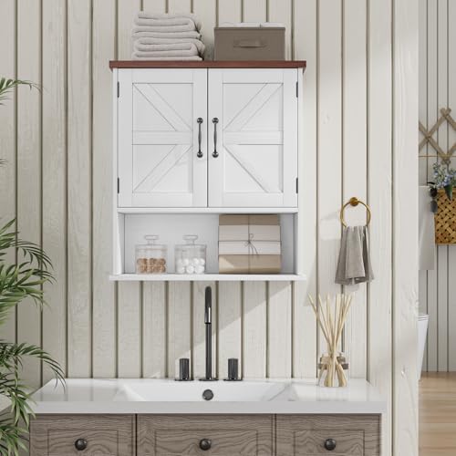 Small White Bathroom Wall Cabinet with Barn Doors - Farmhouse Style, Adjustable Shelf, Waterproof Storage
