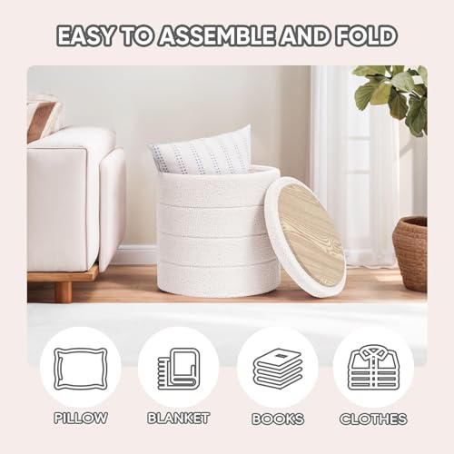 Round Folding Storage Ottoman with Wooden Tray, Boucle Foot Rest Stool