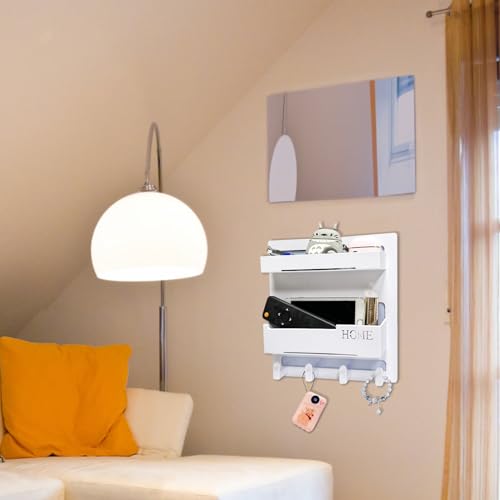 Wall-Mounted Bedside Shelf Organizer with Hooks, Adhesive Floating Caddy