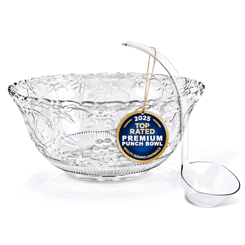 8-Quart Large Plastic Punch Bowl Set with Ladle - Crystal Clear