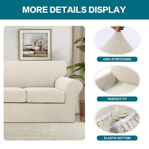 4-Piece Stretch Jacquard Sofa Cover for 3 Cushion Couch - Biscotti Beige