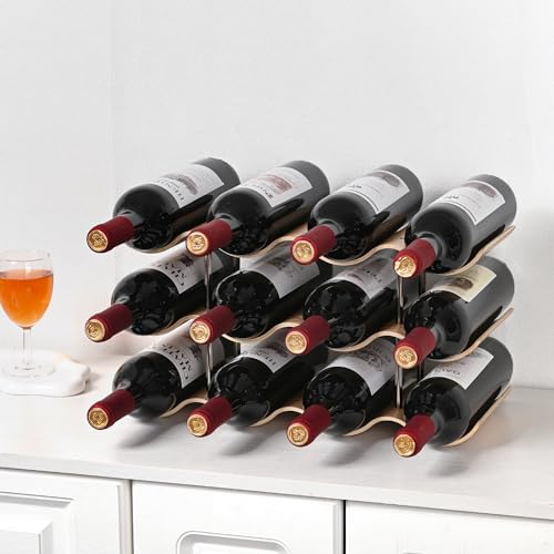 12-Bottle Wooden Countertop Wine Rack - 3-Tier Wavy Storage Holder