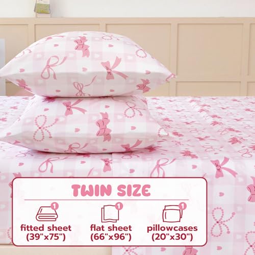 Twin Sheet Set Kids 3-Piece Pink Check Microfiber Bedding with Deep Pocket