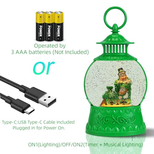 St. Patrick's Day Light-Up Snow Globe with 6H Timer, USB or Battery Powered
