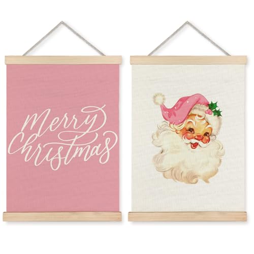 Supwhd Pink Santa Christmas Wall Art Set of 2 - Retro Holiday Decor, 12x16 Inches with Wooden Poster Hangers