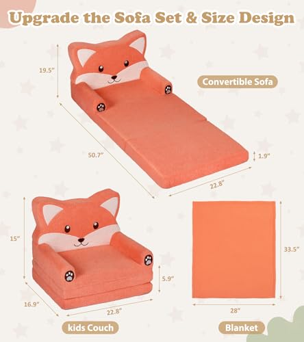2-in-1 Foldable Toddler Couch with Blanket - Cute Fox Plush Sofa Chair