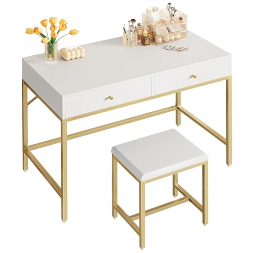 Modern 35.4-Inch Writing Desk with 2 Drawers and Padded Stool