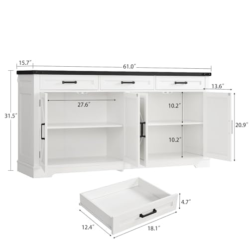 Large Farmhouse Sideboard Buffet Cabinet with 4 Doors and 3 Drawers, White